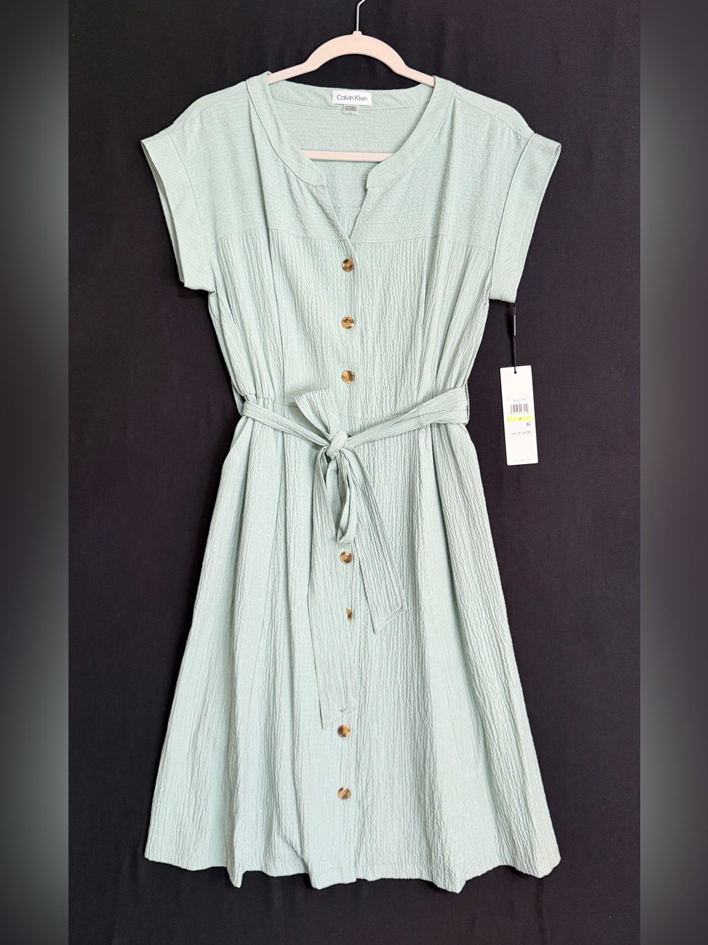 Calvin Klein Pale Mint Button-Front Midi Dress With Tie Belt Soft Flowy